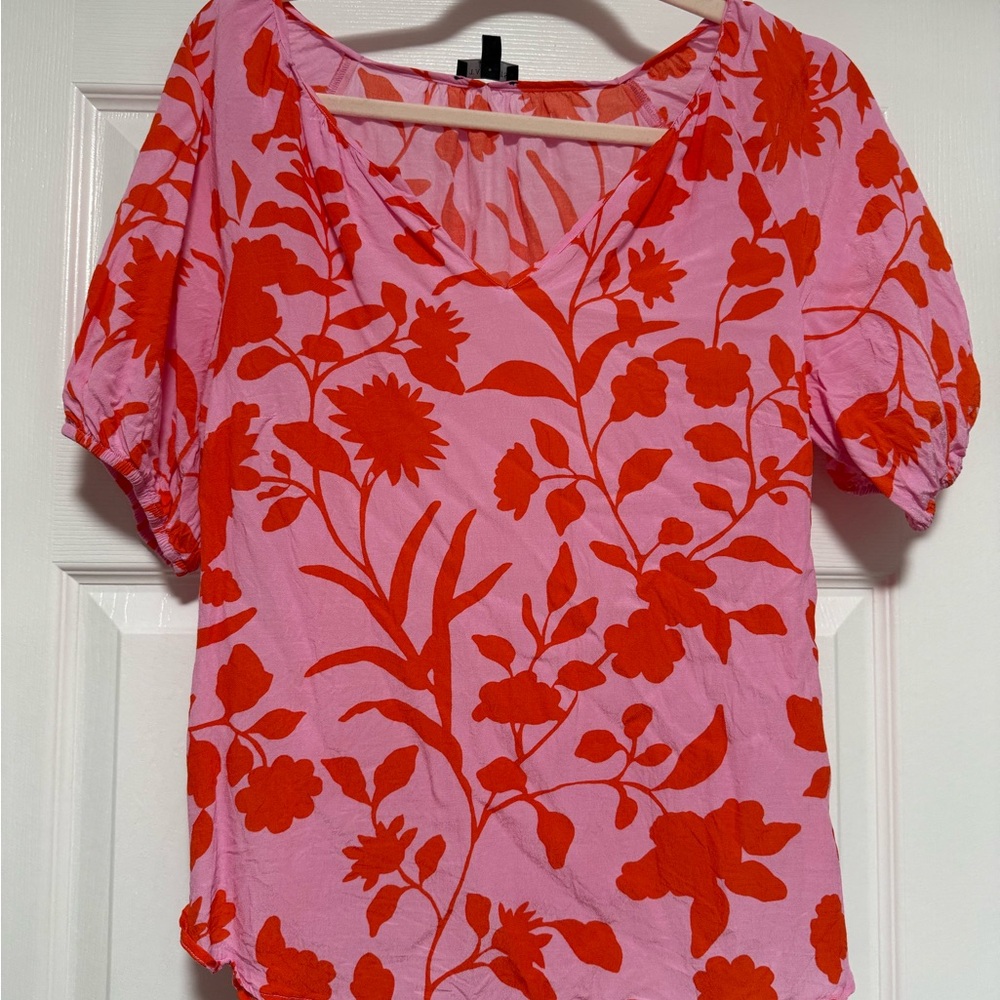 Talbots Pink and Red Graphic Blouse Short Sleeve